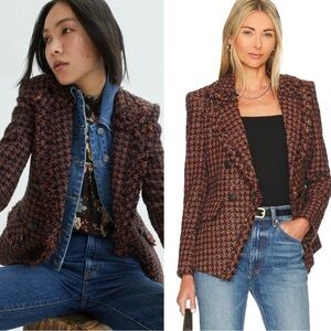 Veronica Beard Taja Houndstooth Plaid Tweed Double Breasted Blazer Jacket Black